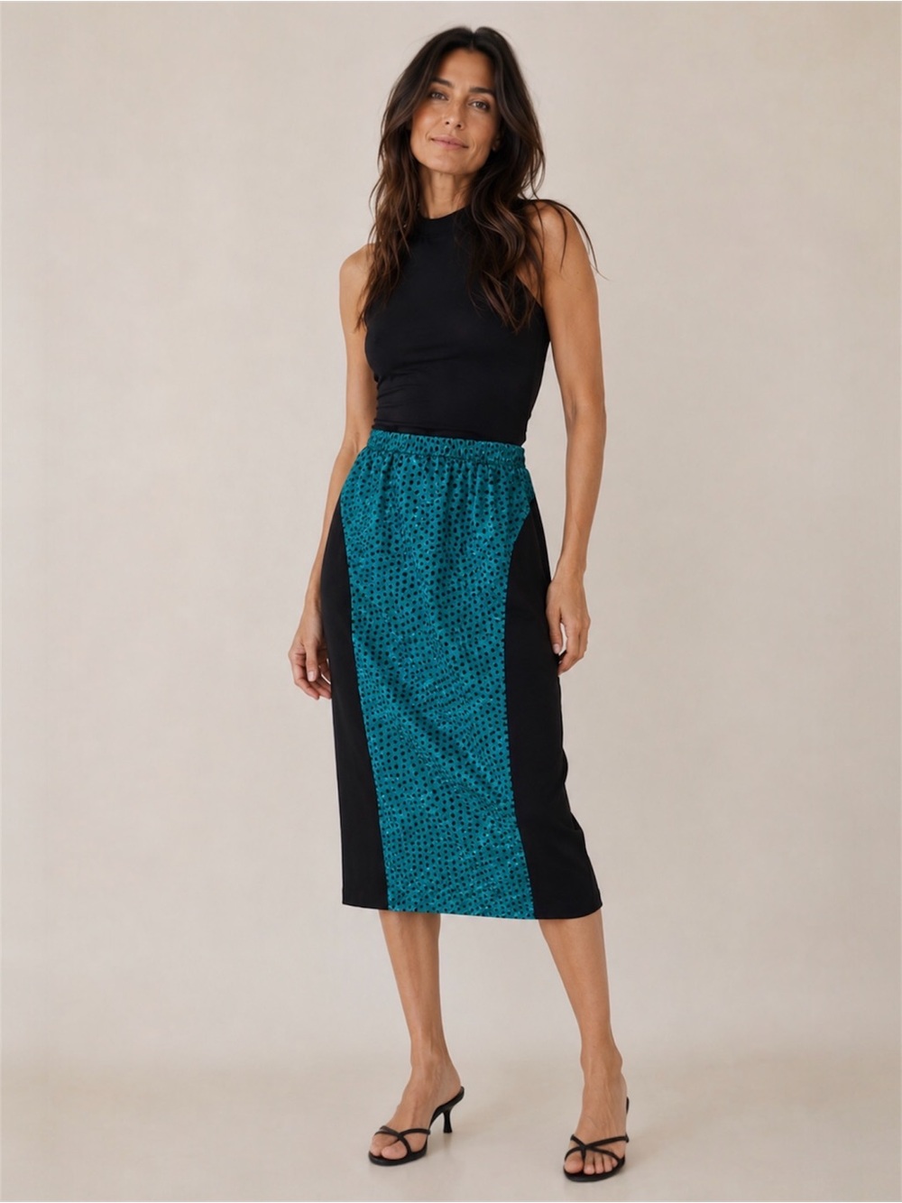 Vintage Marilyn Brooks Teal Black Polka Dot  Colorblock Bubble Midi Skirt M/L